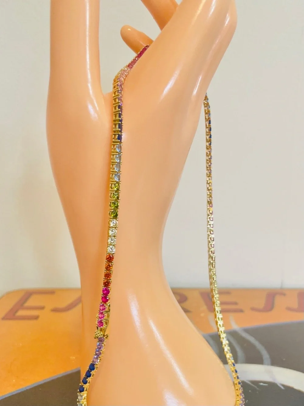Multicolor Rainbow CZ Tennis Necklace Gold Over Rhodium NWOT - Picture 6 of 10